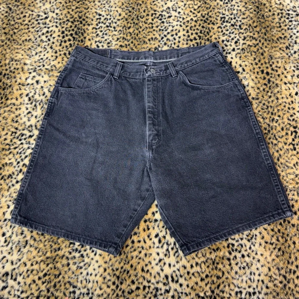 Vintage 90s Wrangler Baggy Black Jorts Size 35 USA Made Denim Shorts Relaxed Fit